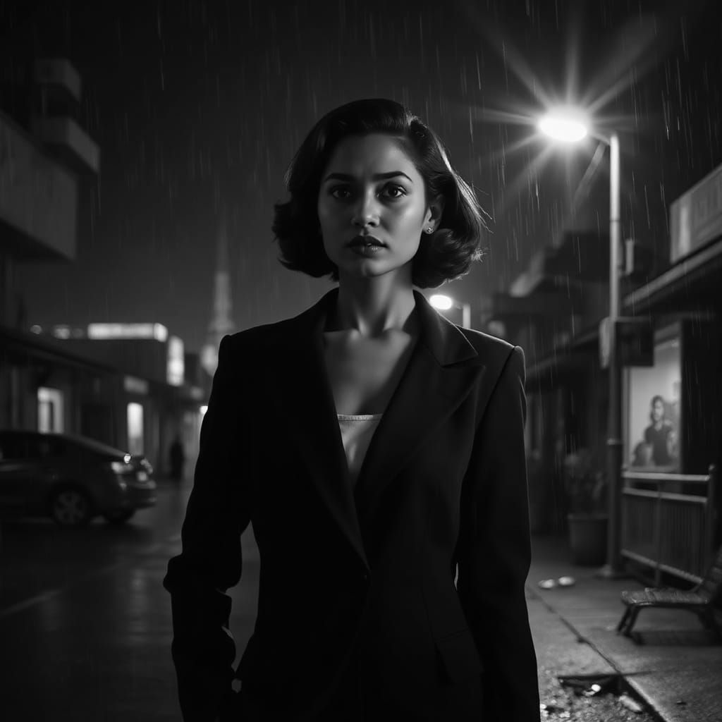 1940s Sri Lankan Woman in Noir Cityscape
