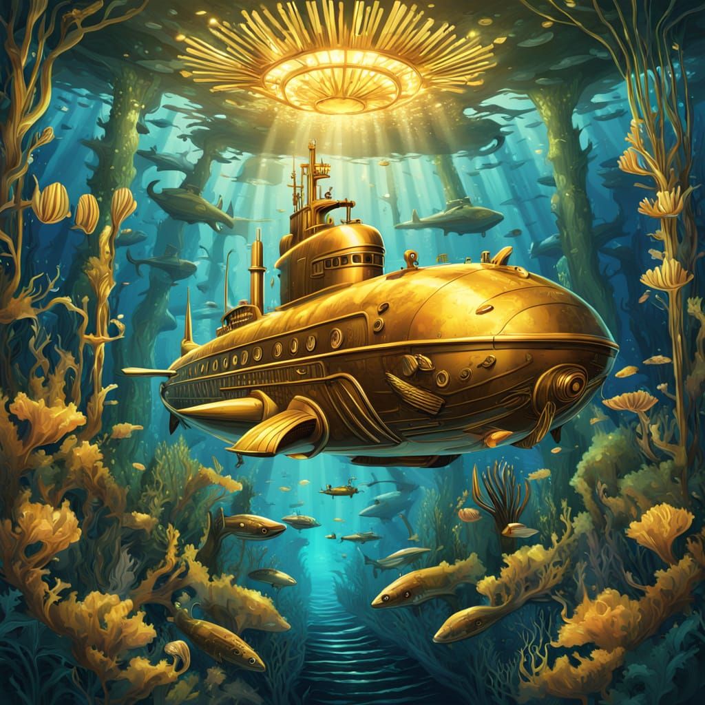 Golden Submarine in Kelp Forest: Art Deco Illustration