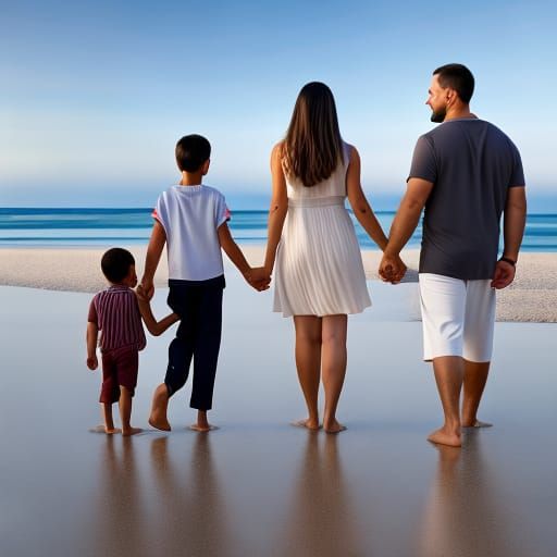 a photorealistic photograph of a family on the beach, holding hands, far - view, art, cinematic composition, octane rend...
