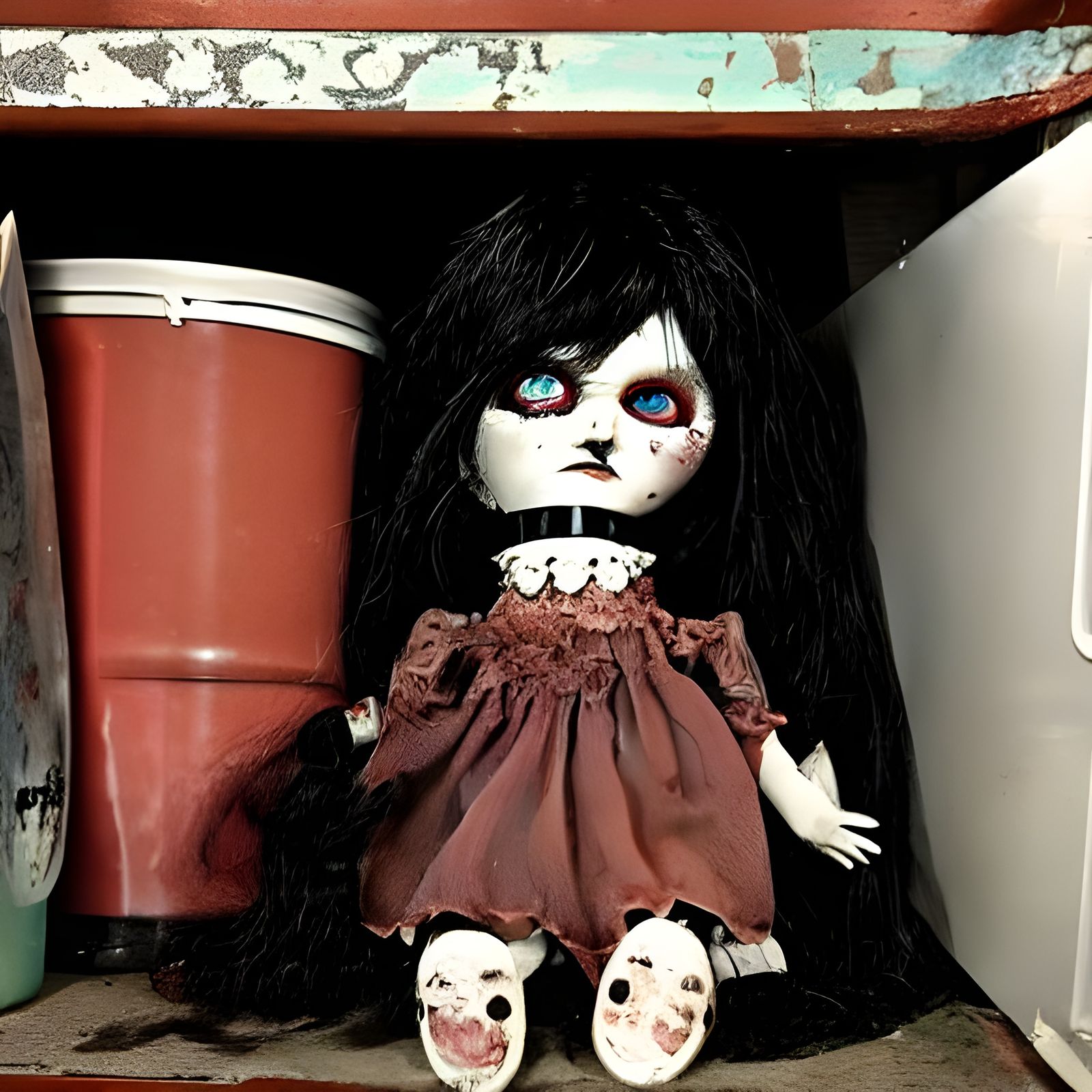 Creepy Gothic Doll in Dusty Pantry