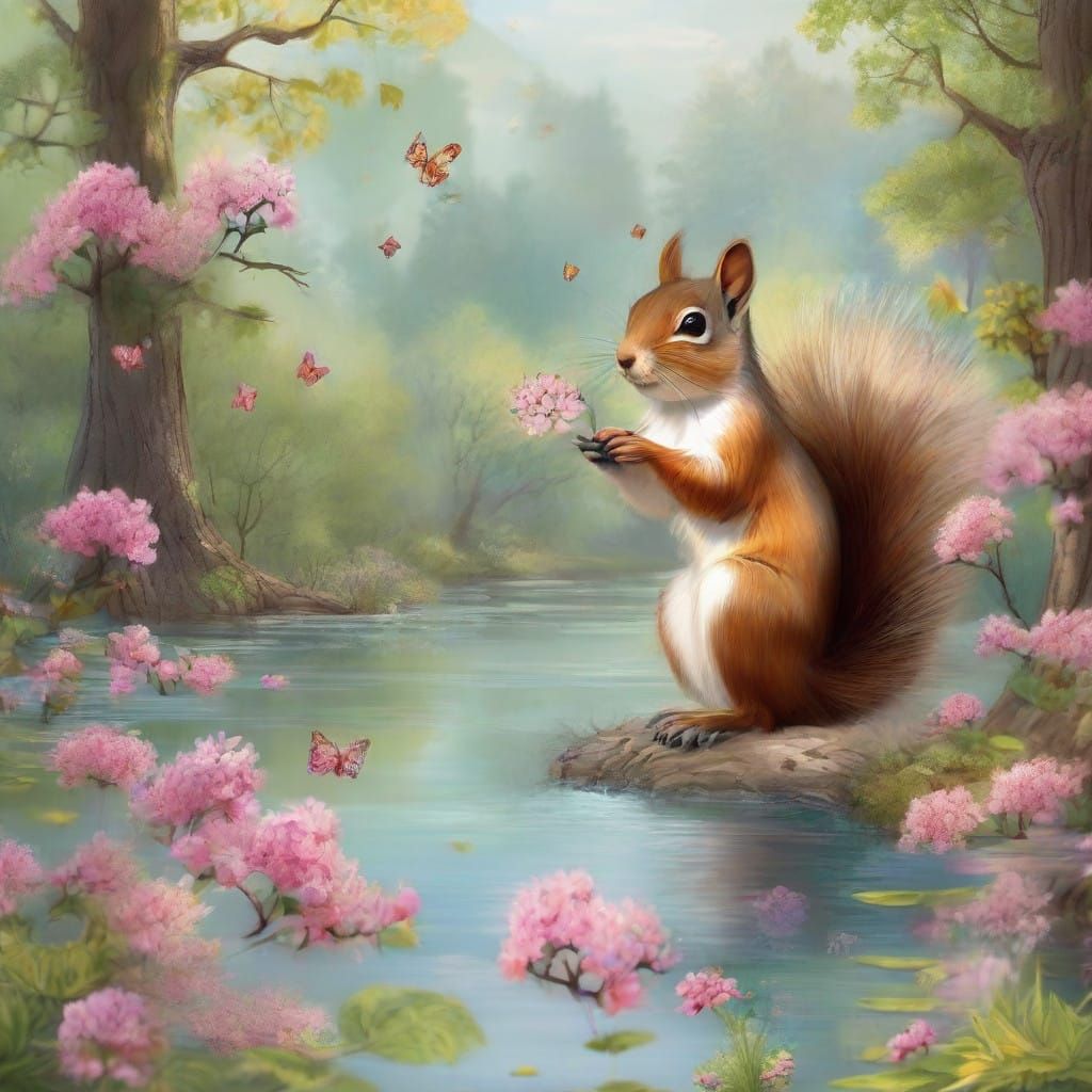 Whimsical Forest Scene with Lacy Flowers and a Happy Squirre...