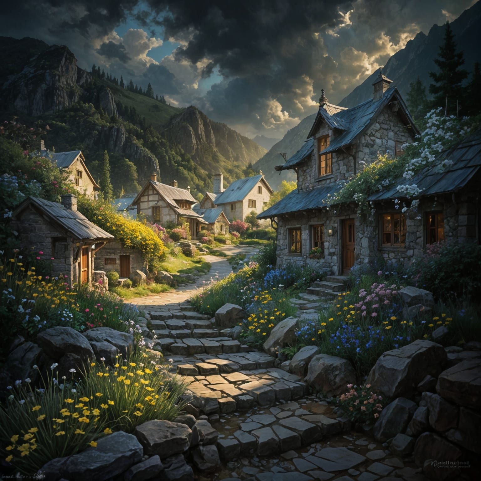 Blessed Mountain Village Bathed in Golden Light as Impasto P...