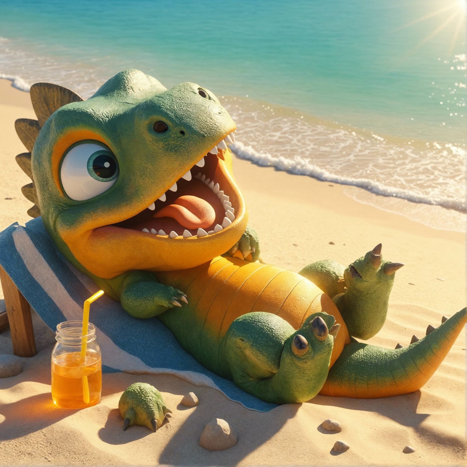 Happy Dinosaur on a Sunny Beach in CGI Style