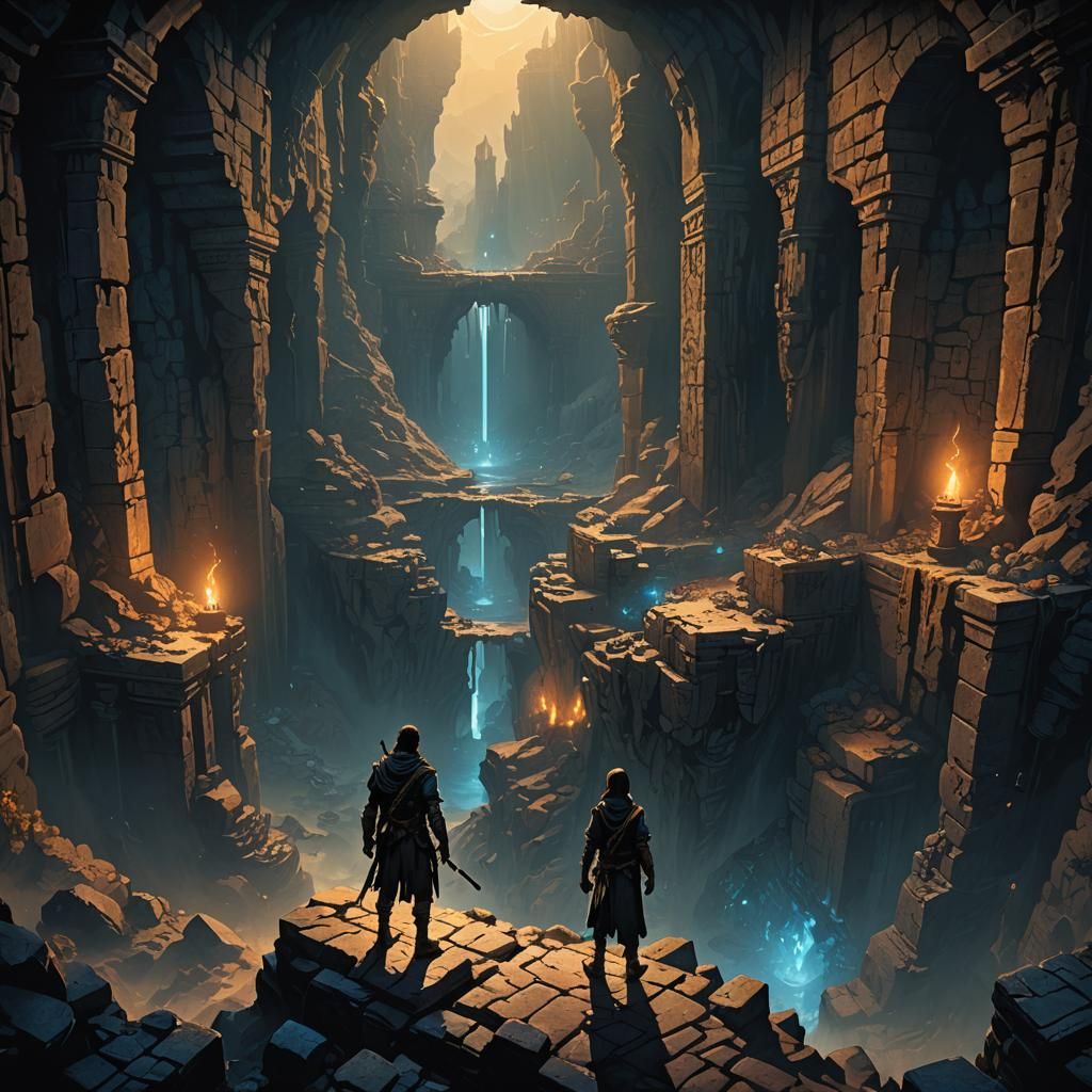 Adventurer at Dark Chasm in Fantasy Dungeon