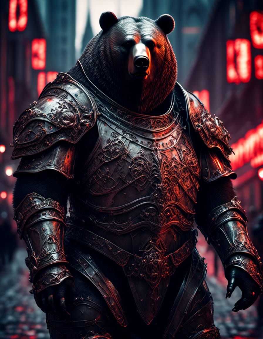 Gothic Bear Soldier Patrolling Dark City