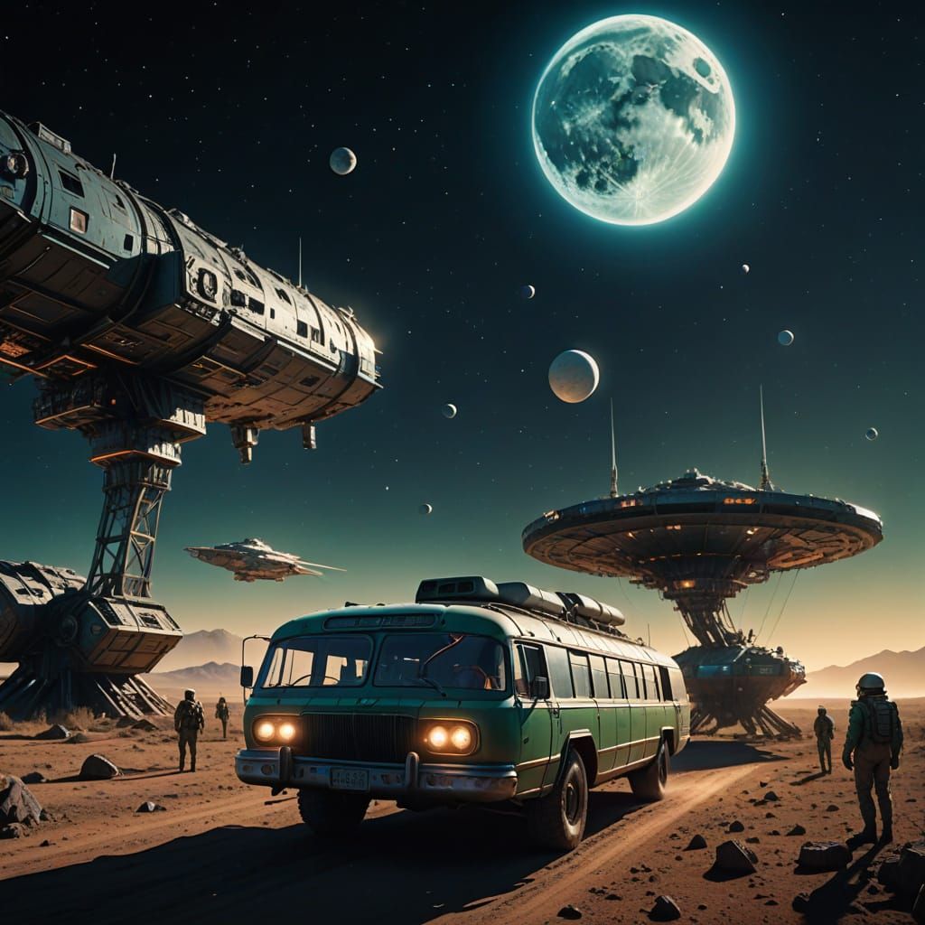 Space Bus Orbiting Moon, Alien Lunar Base in Cinematic Sci-F...