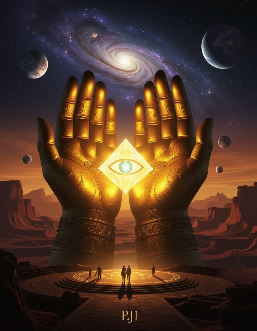 Giant Carved Hands Holding City with Cosmic Sky