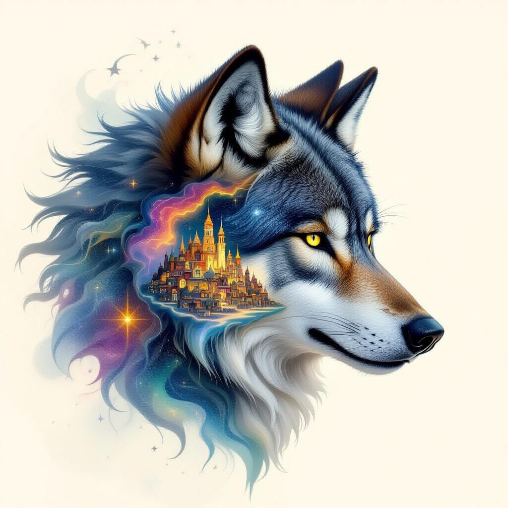 Celestial Wolf Head With Mythical Town on White Canvas