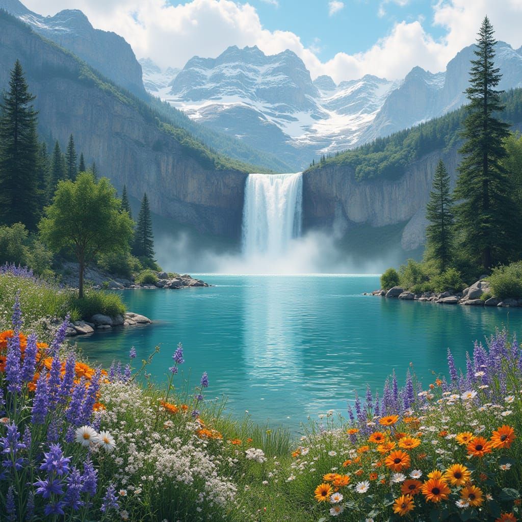 Lavender Blooms in a Serene Turquoise Lake Landscape
