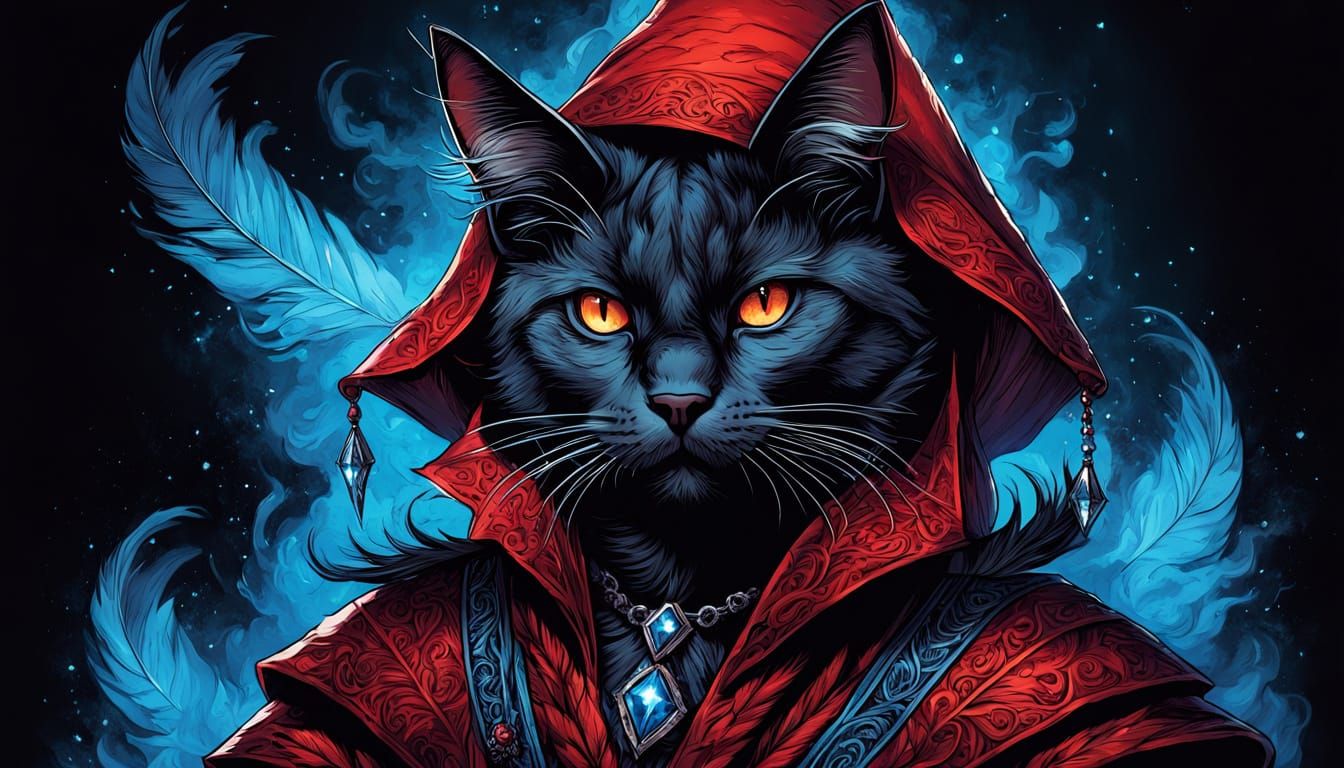 Gothic Cat Sorceress Portrait in Comic Art Style