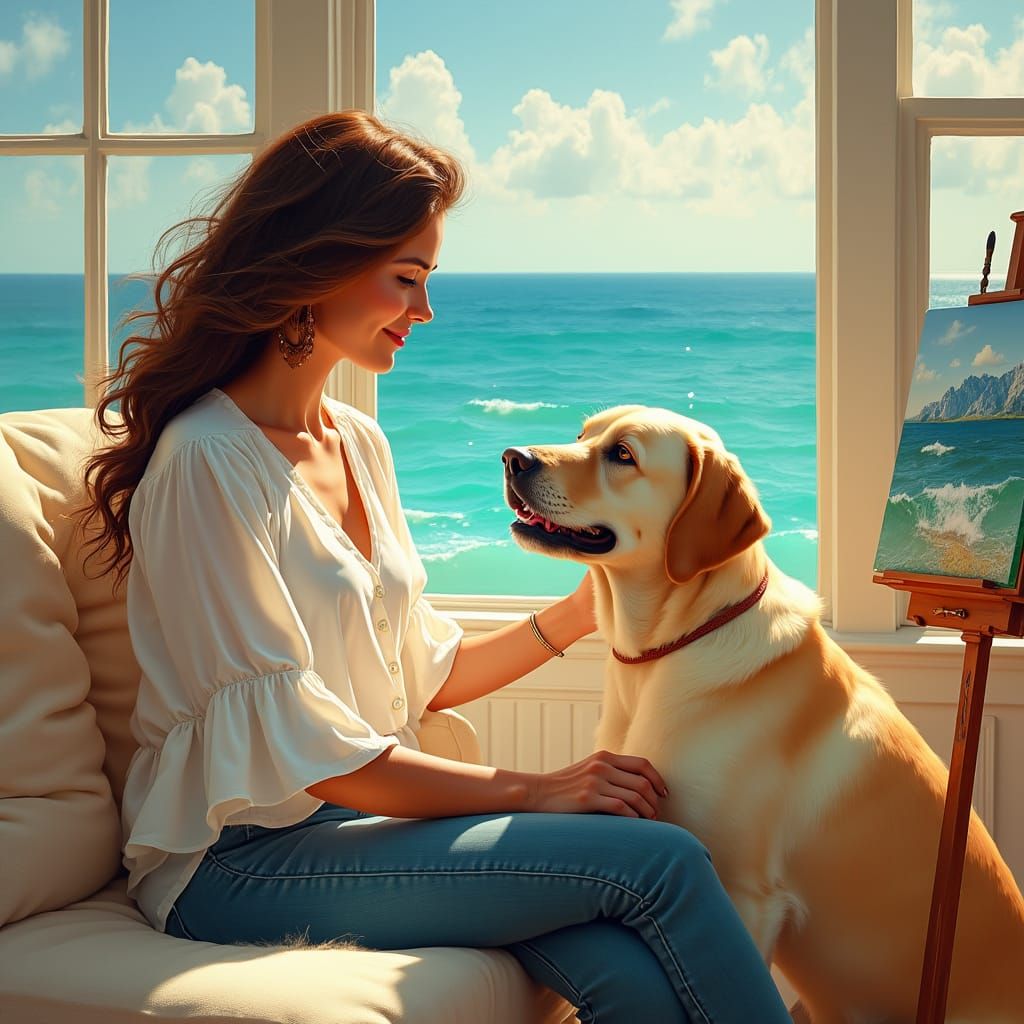 Woman Paints Labrador in Hyperrealistic Seaside Scene