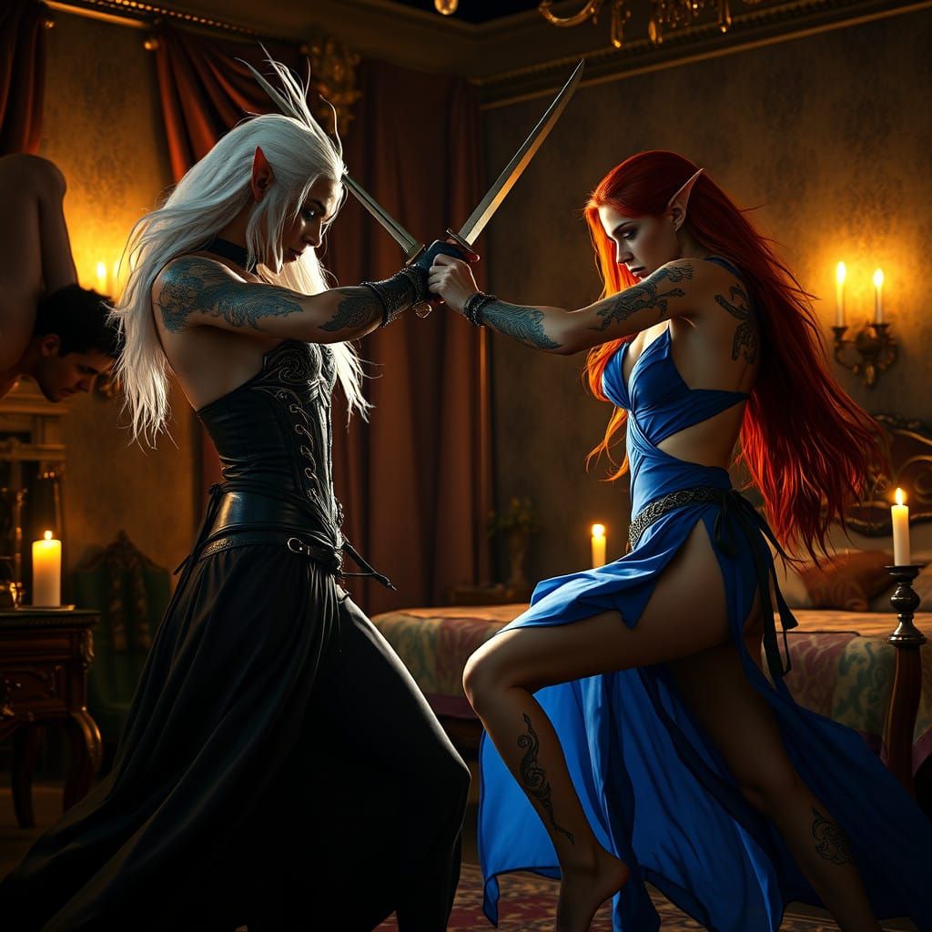 Dark Elf Warrior Engages Forest Elf in Cinematic Dagger Duel