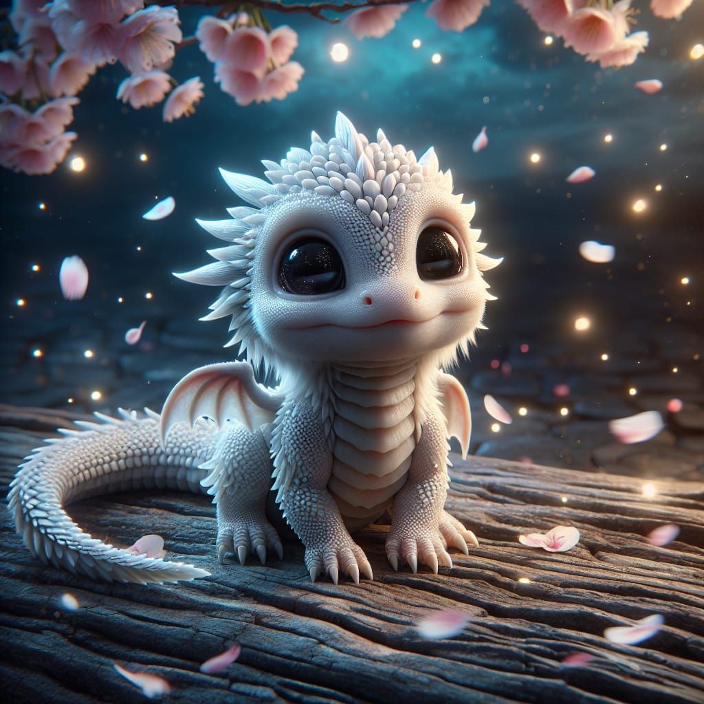 Adorable White Dragon in Magical Sakura Garden