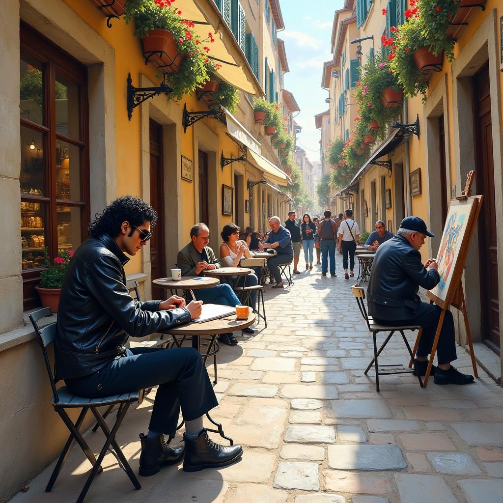 European Cafe Scene with Figure Sketching, Impressionistic S...