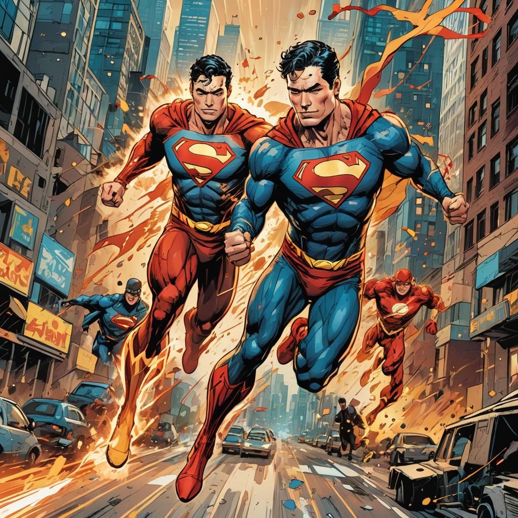 Superman and Flash Race in Dynamic Comic Art