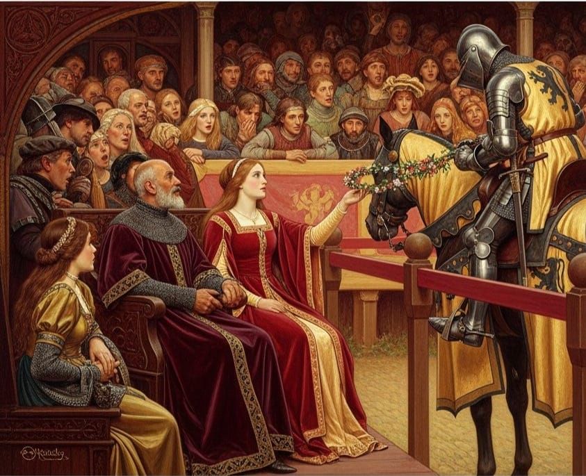 Medieval Noblewoman Receives Knight's Token at Tournament