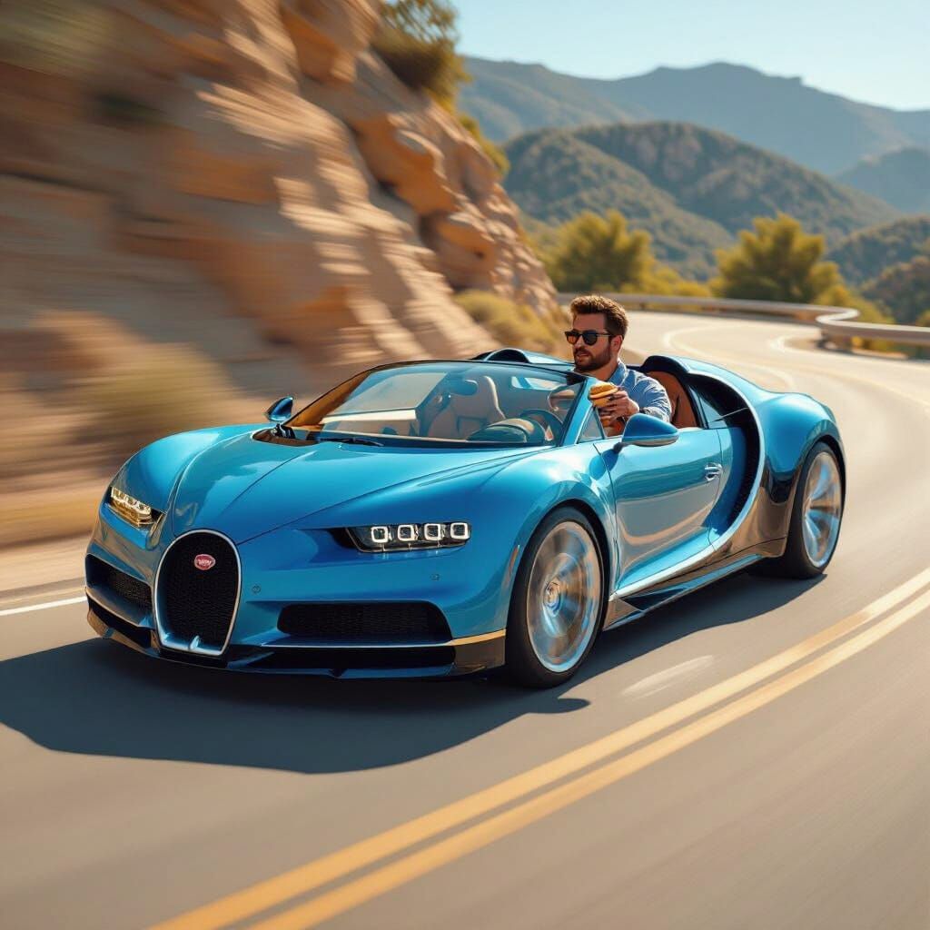 Blue Bugatti on a Sunny Road