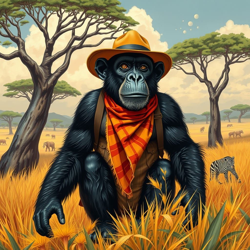 Monkey in Safari Outfit Exploring African Savanna
