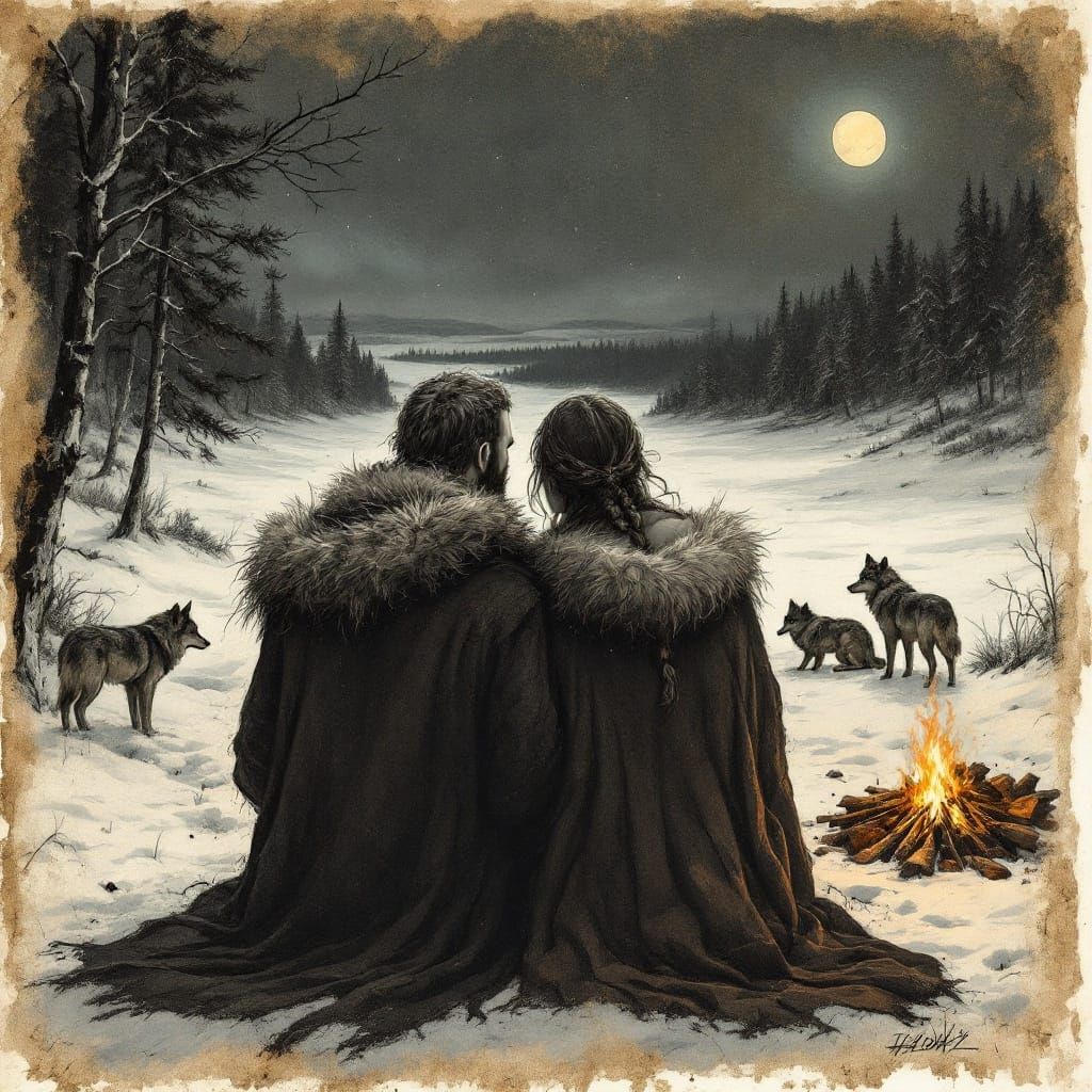 Winter Watchers: Medieval Couple in Charcoal Style