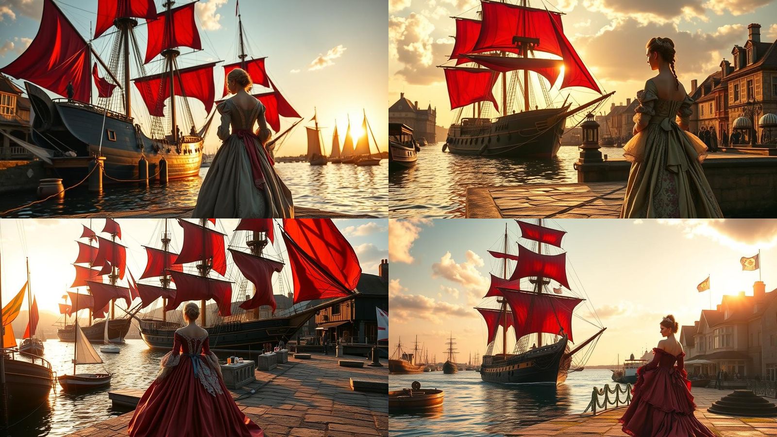 Scarlet Sails: Galleon Arrives in Bustling Harbor