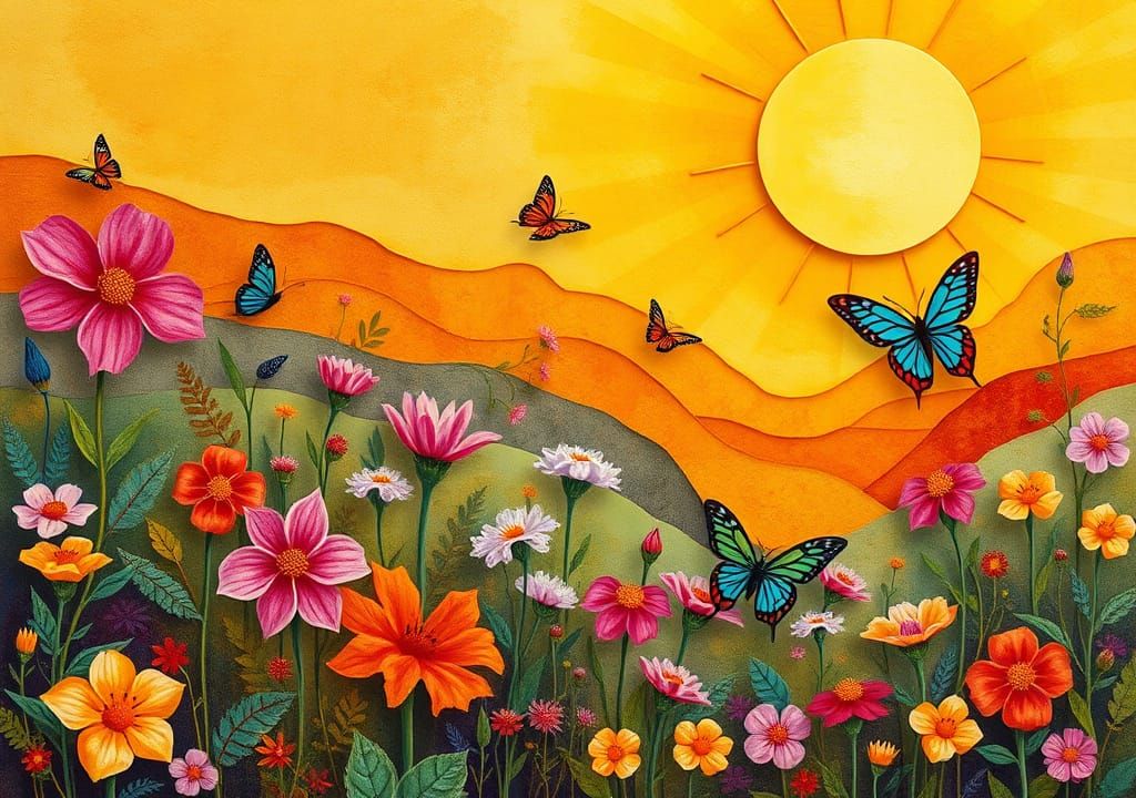 Radiant Garden Scene as Mixed Media Collage