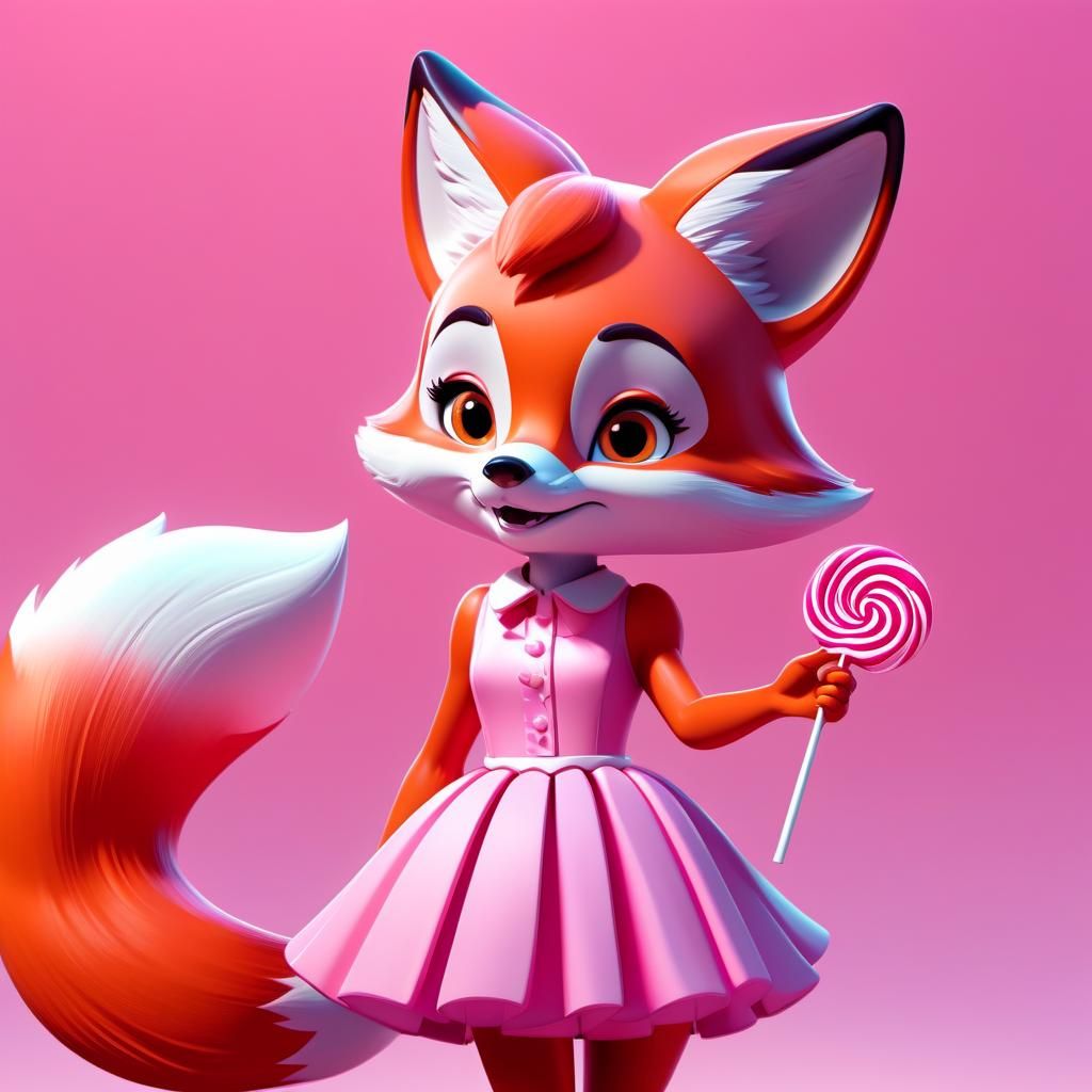 Cute Fox Girl with Lollipop in 3D Style