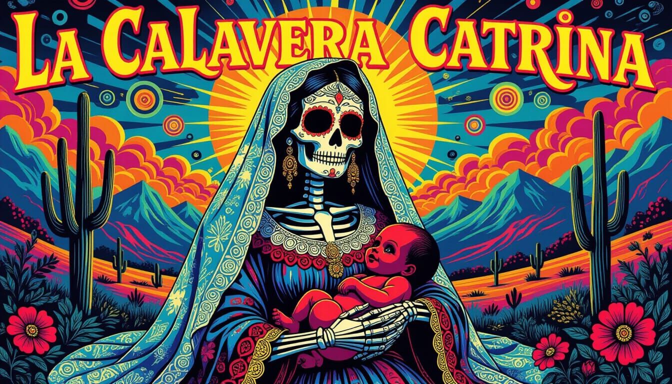 Catrina with Devil Baby in Surreal Mexican Landscape