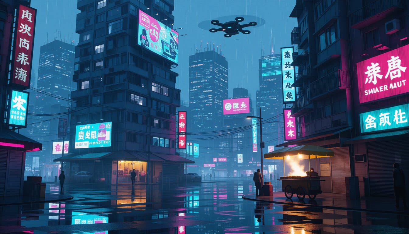 Cyberpunk Cityscape with Neon Reflections in Rain