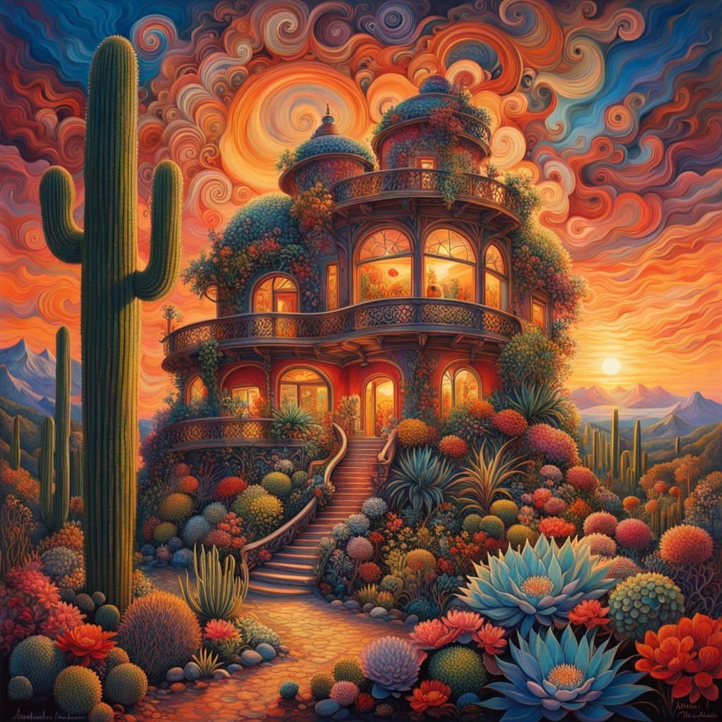Maximalist House at Sunset in Whimsical Style