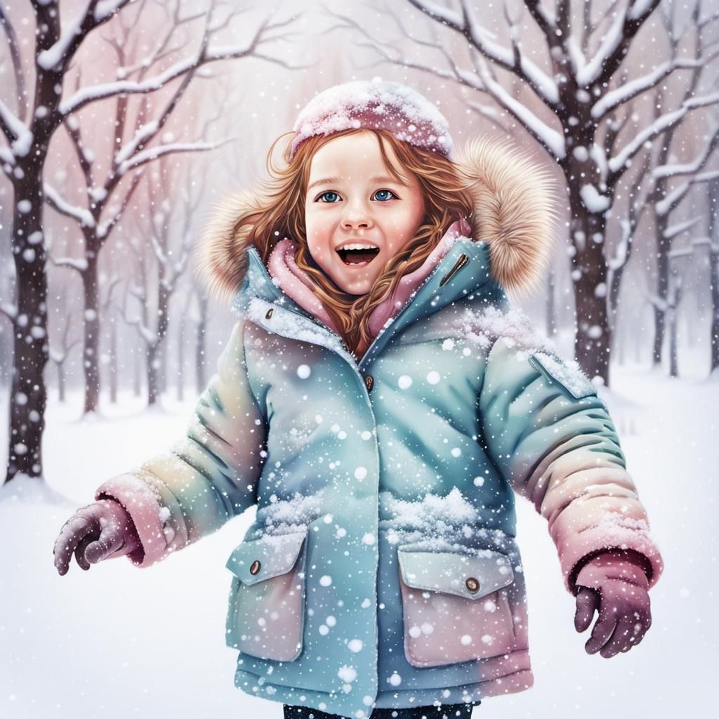 Girl Playing in Snowy Pastel Abstract Landscape