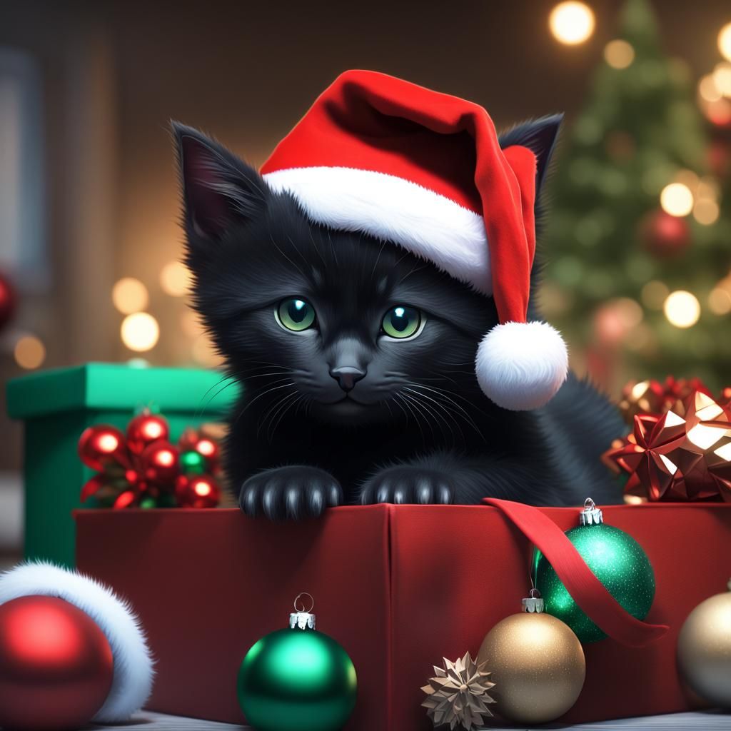 Cute Kitten in Santa Hat Christmas Portrait
