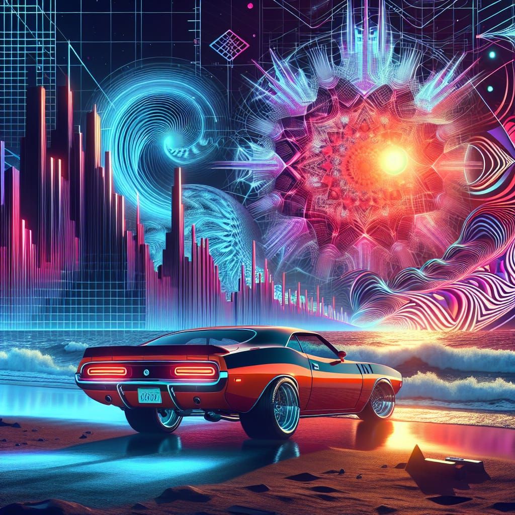 Muscle Car Races From Beach Into Synthwave City