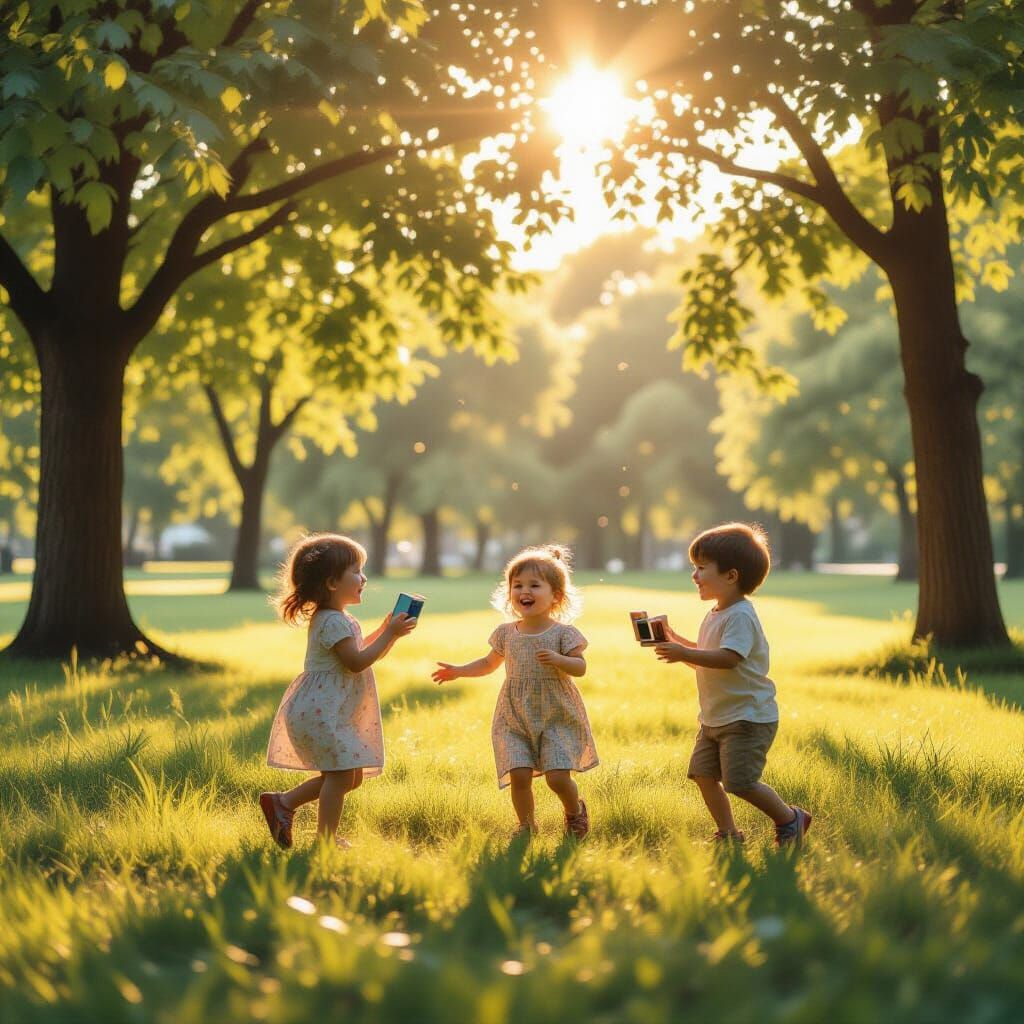 Children's Laughter in Sun-Drenched Park, Polaroid Style