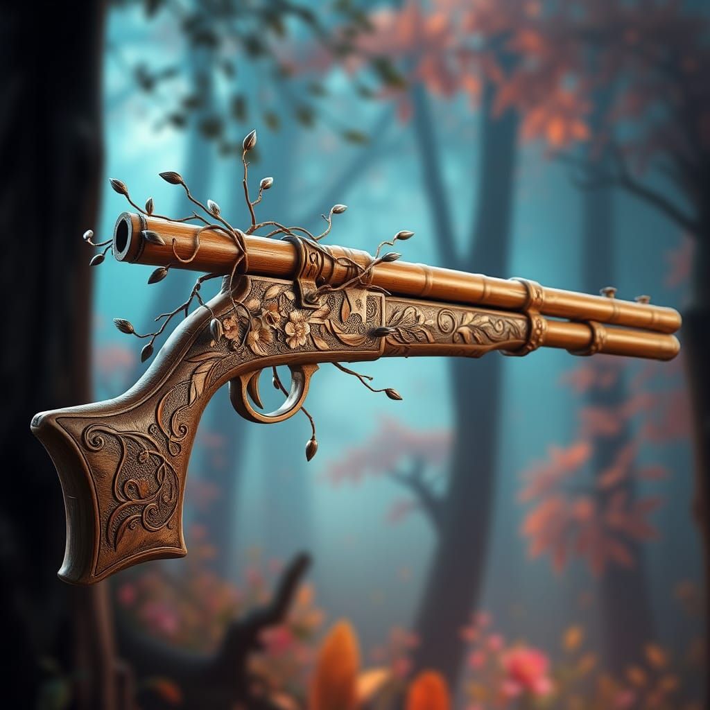 Ornate Bamboo Gun in Mystical Forest Setting