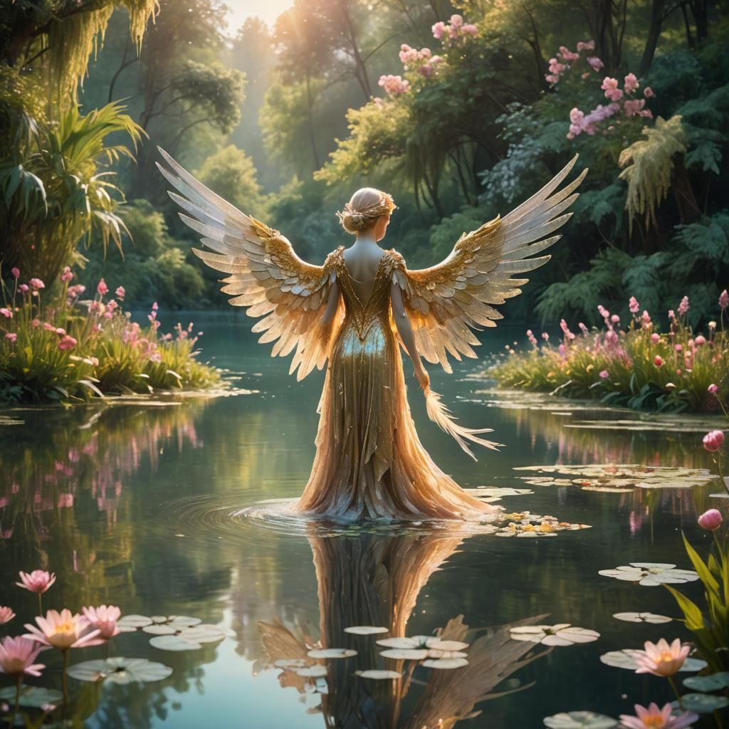 Ethereal Winged Figure by Shimmering Lake