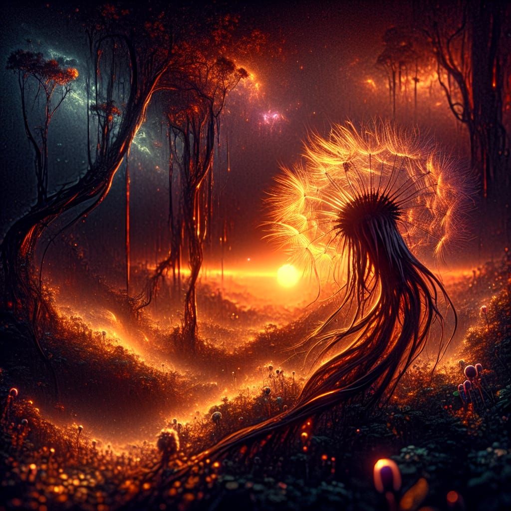 Surreal Sunset Scene with Hedgehog Dandelion