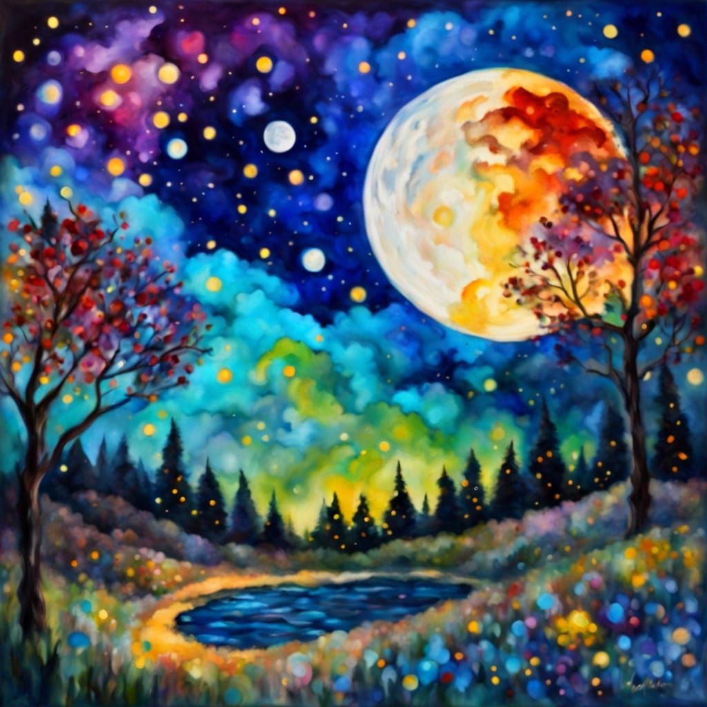 Whimsical Cosmic Night Sky in Vibrant Impasto