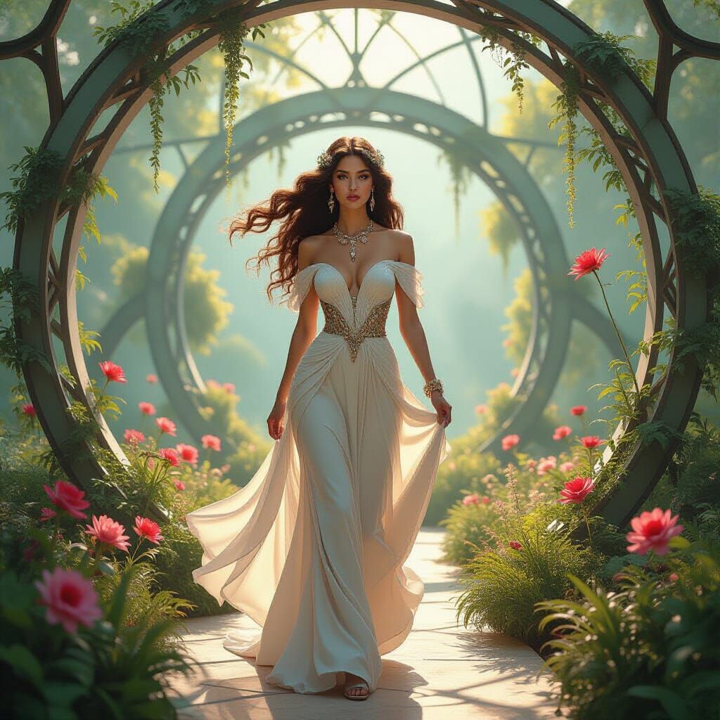 Art Nouveau Woman in Surreal Floating Garden