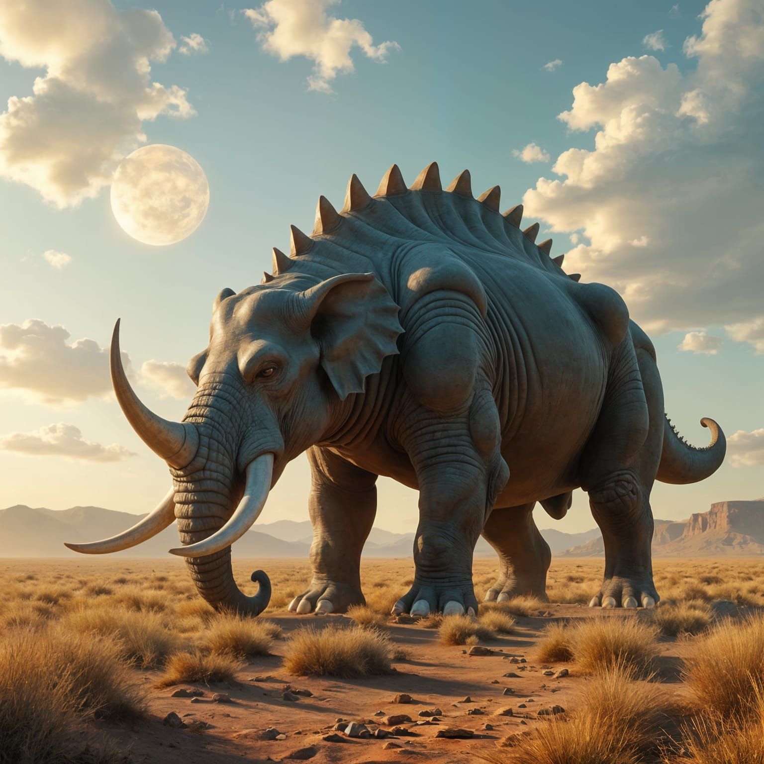 Ridgeback Goliath Grazing Under Twin Suns