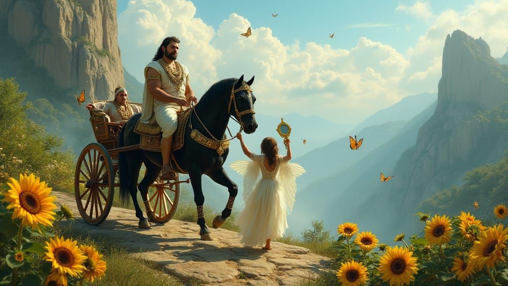 Ethereal Angel and Carriage in Mountain Landscape