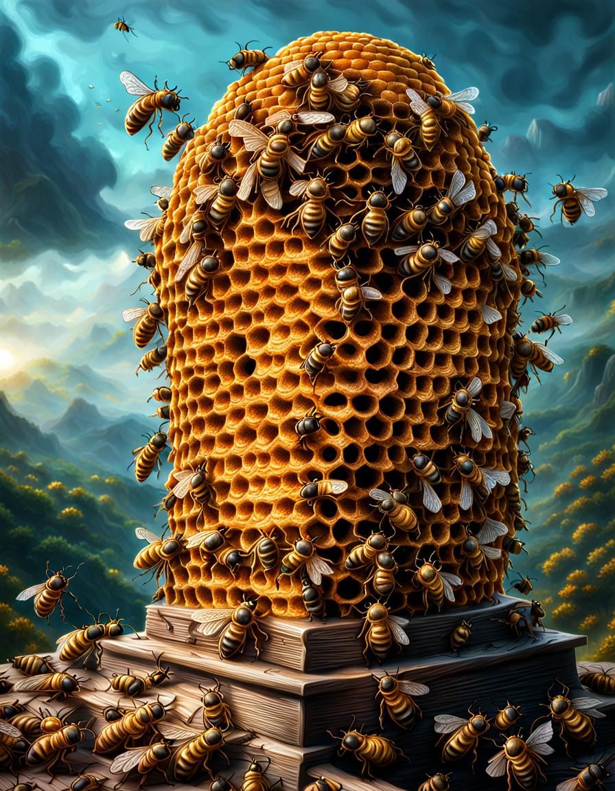 Hyperrealistic Beehive with Flying Bees in HDR