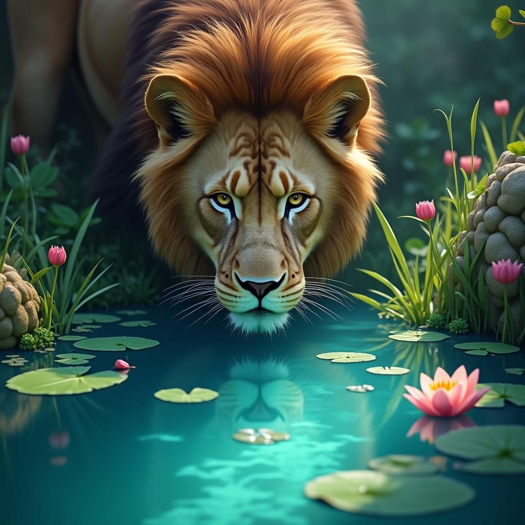 Cat Sees Lion Reflection in Turquoise Water