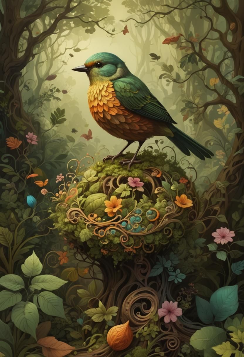 Abstract Bird in Vibrant Fractal Landscape