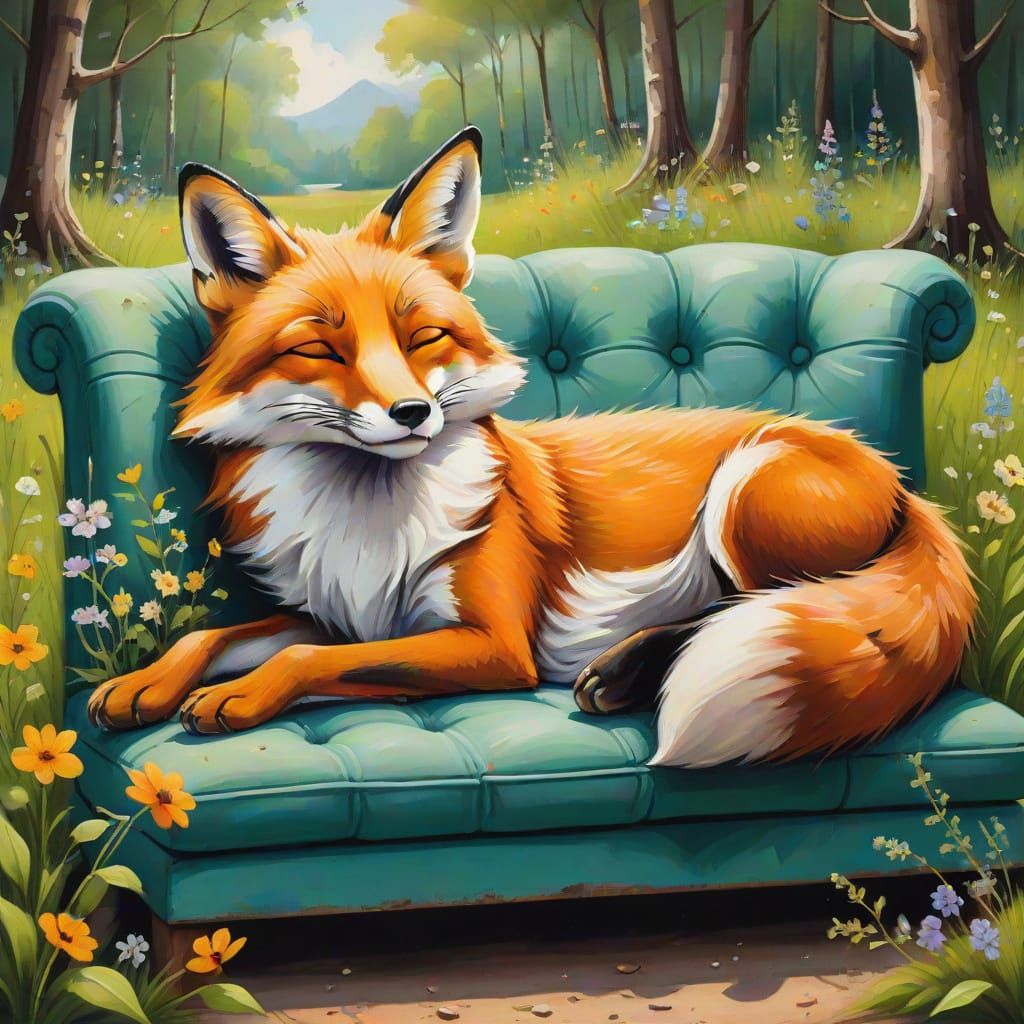 Whimsical Caricature of Relaxed Fox on Sofa