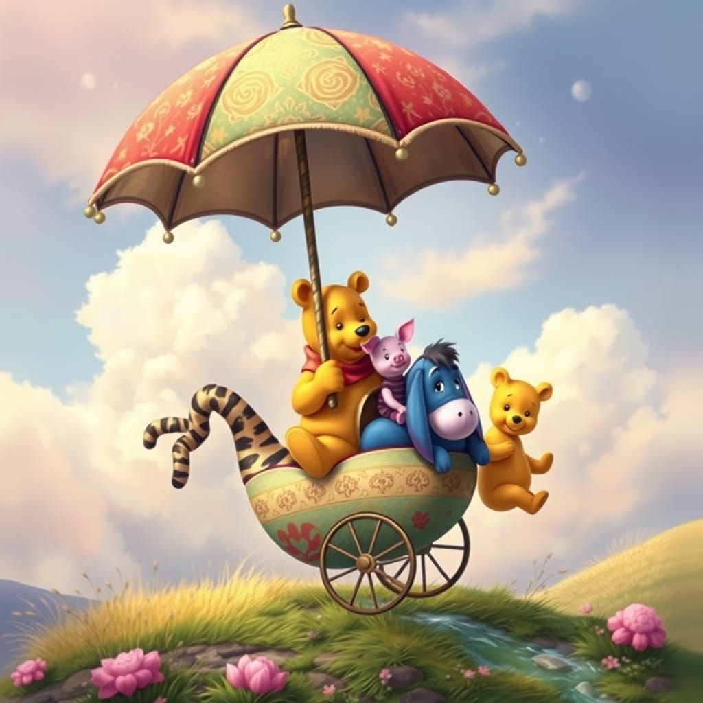 Whimsical Friends Ride a Vibrant Umbrella in a Dreamy Englis...