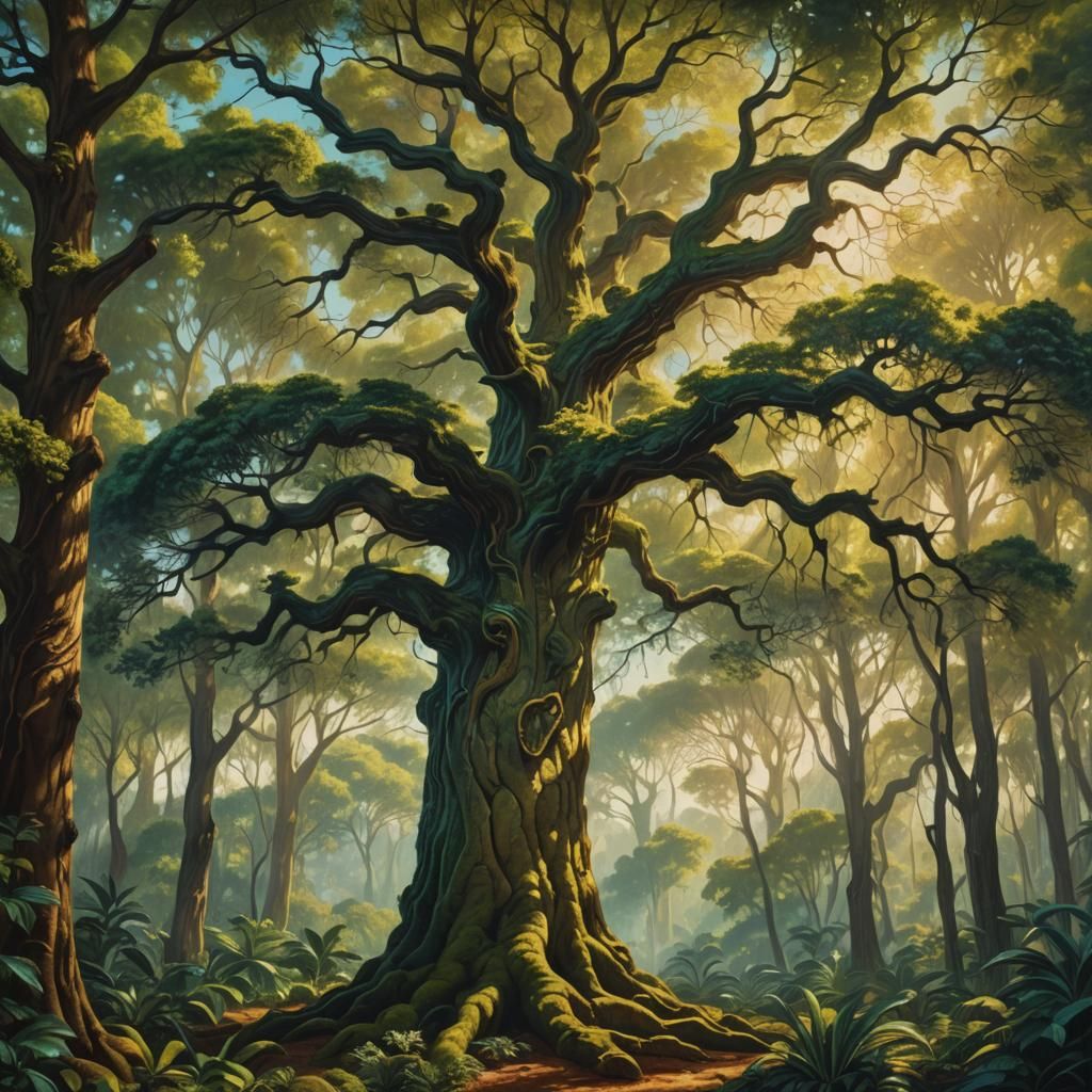 Majestic Tree in Lush Forest, Hyperrealistic Oil Painting