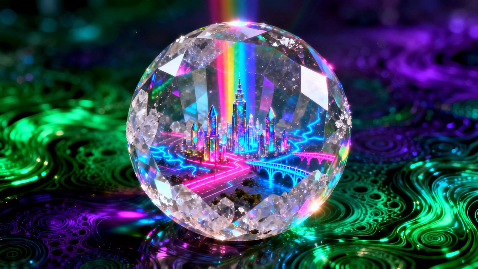 Surreal Crystal Sphere With Tiny City and Rainbow Reflection...