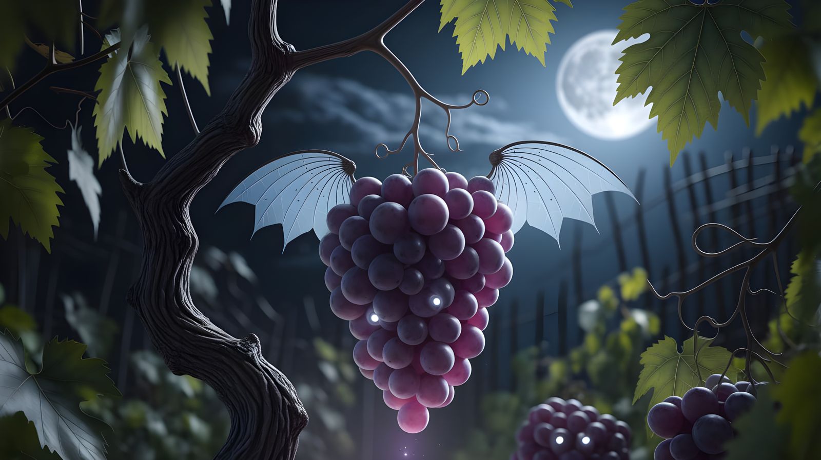 Ethereal, Moonlit Grapes with Luminous Eyes and Delicate Win...