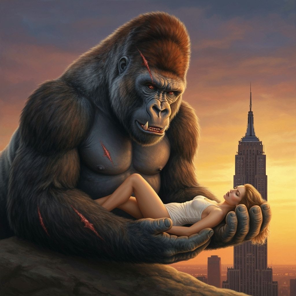 Gentle Giant Gorilla Holds Woman in Sunset Oil Painting