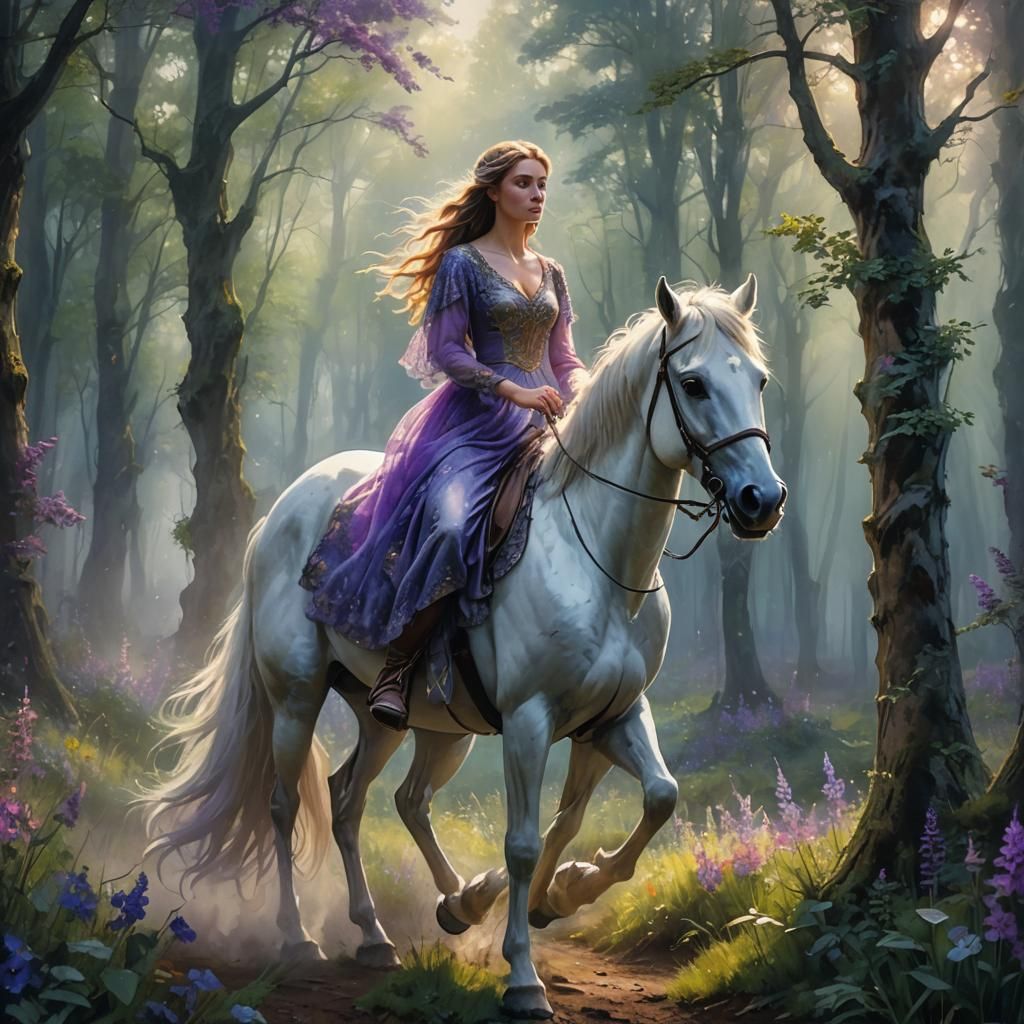 Girl on White Horse in Misty Forest